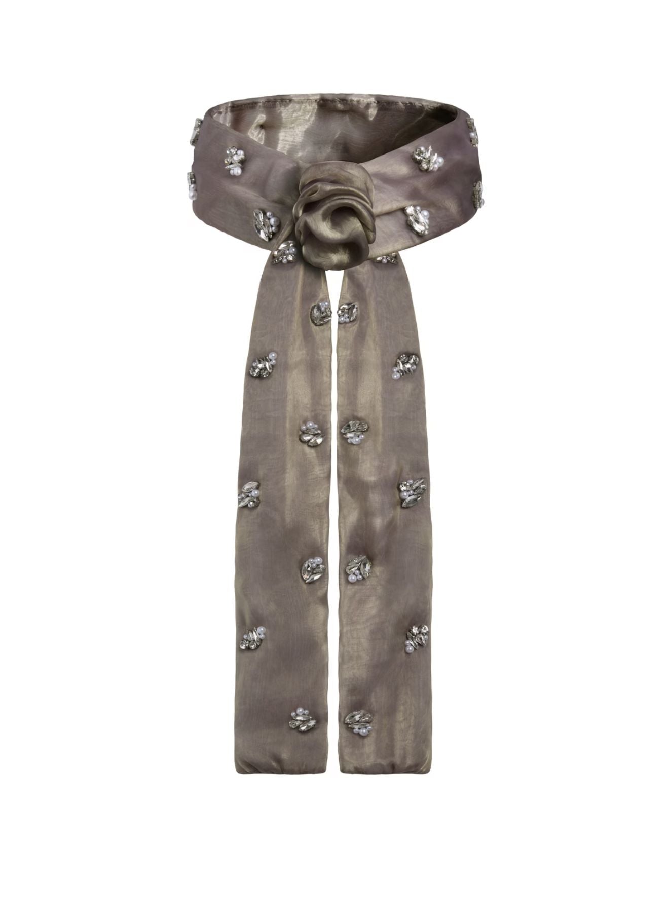 Atiissu Twinkle Cap in khaki organza with rhinestone embellishments