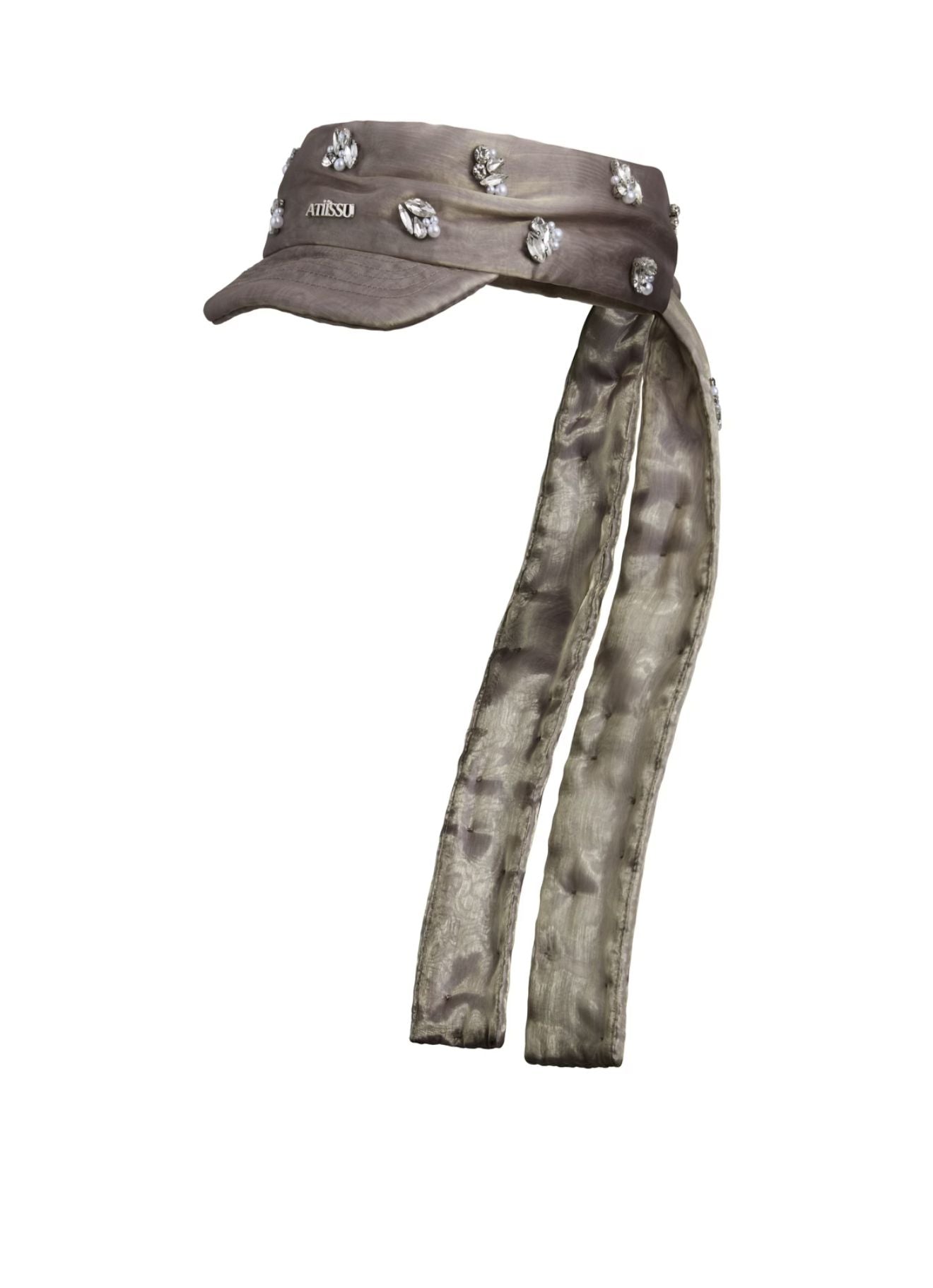 Atiissu Twinkle Cap in khaki organza with rhinestone embellishments