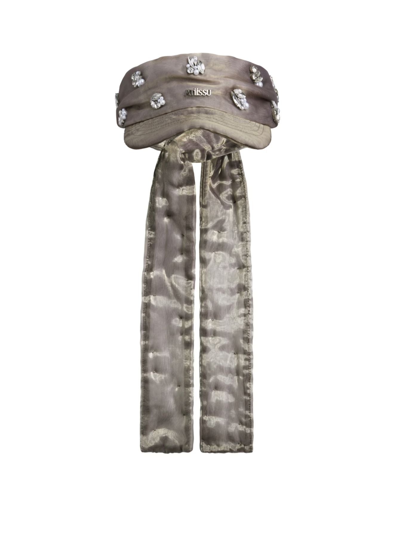 Atiissu Twinkle Cap in khaki organza with rhinestone embellishments