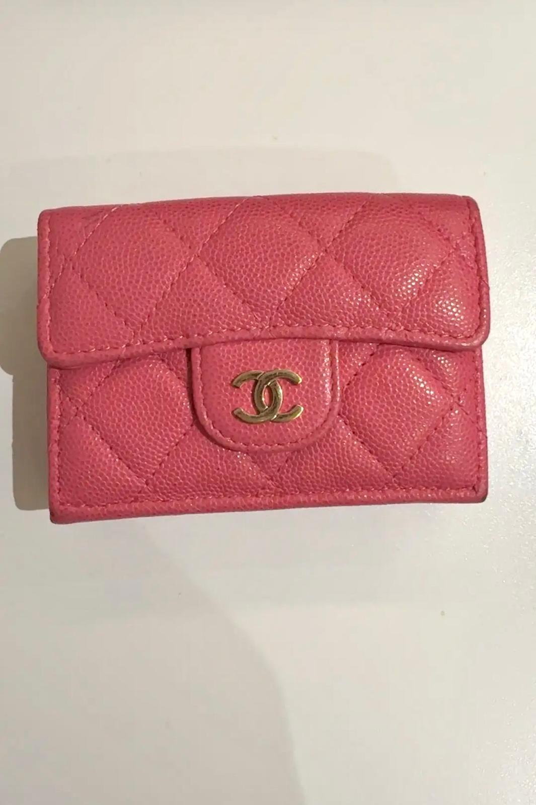 Chanel pink quilted caviar leather classic flap card holder