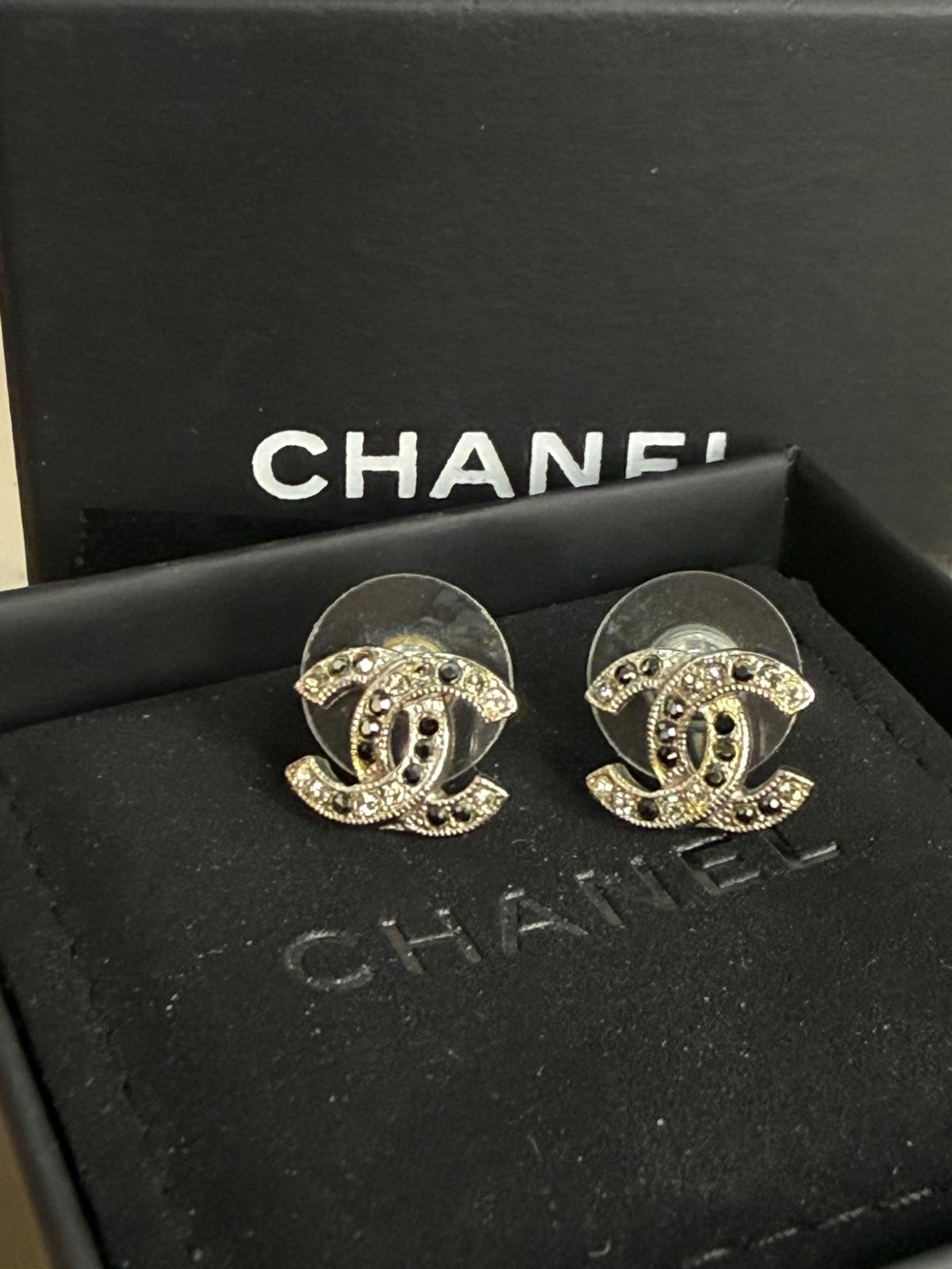 Chanel Gold-Tone Crystal CC Stud Earrings