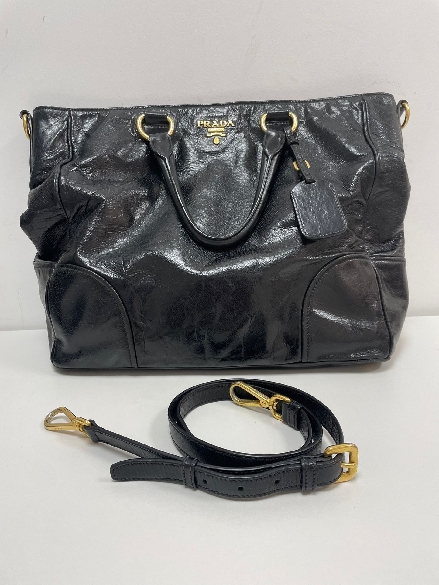 Prada Vitello Shine Leather Tote Bag in Black