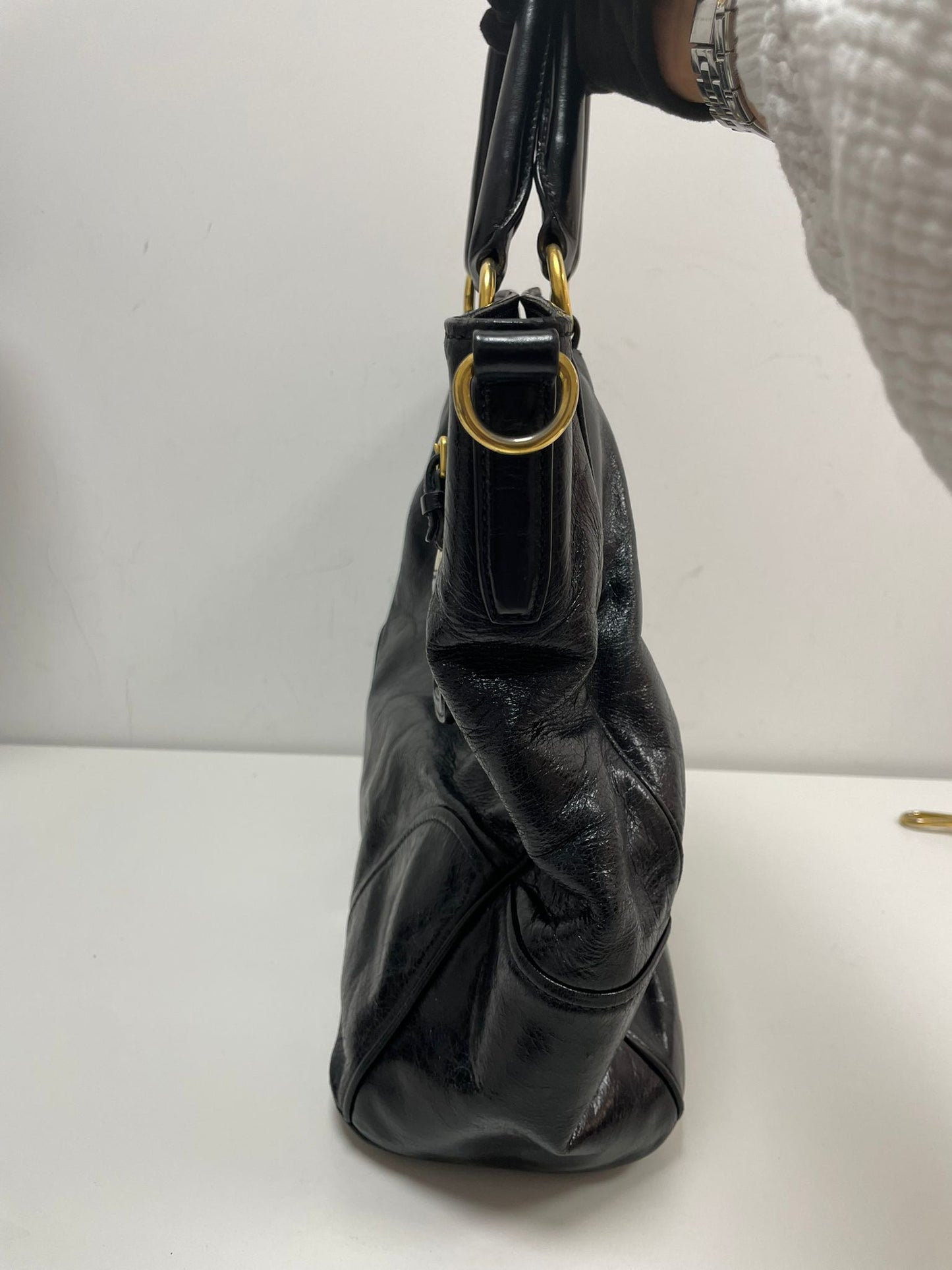 Prada Vitello Shine Leather Tote Bag in Black