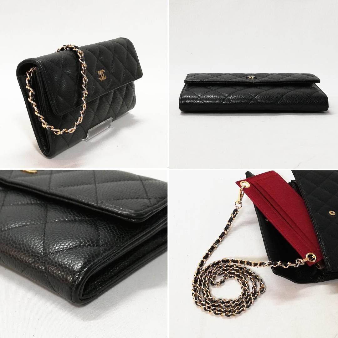 Chanel Classic Wallet in Black Caviar Leather with Gold Hardware + Non-Chanel Chain & Insert