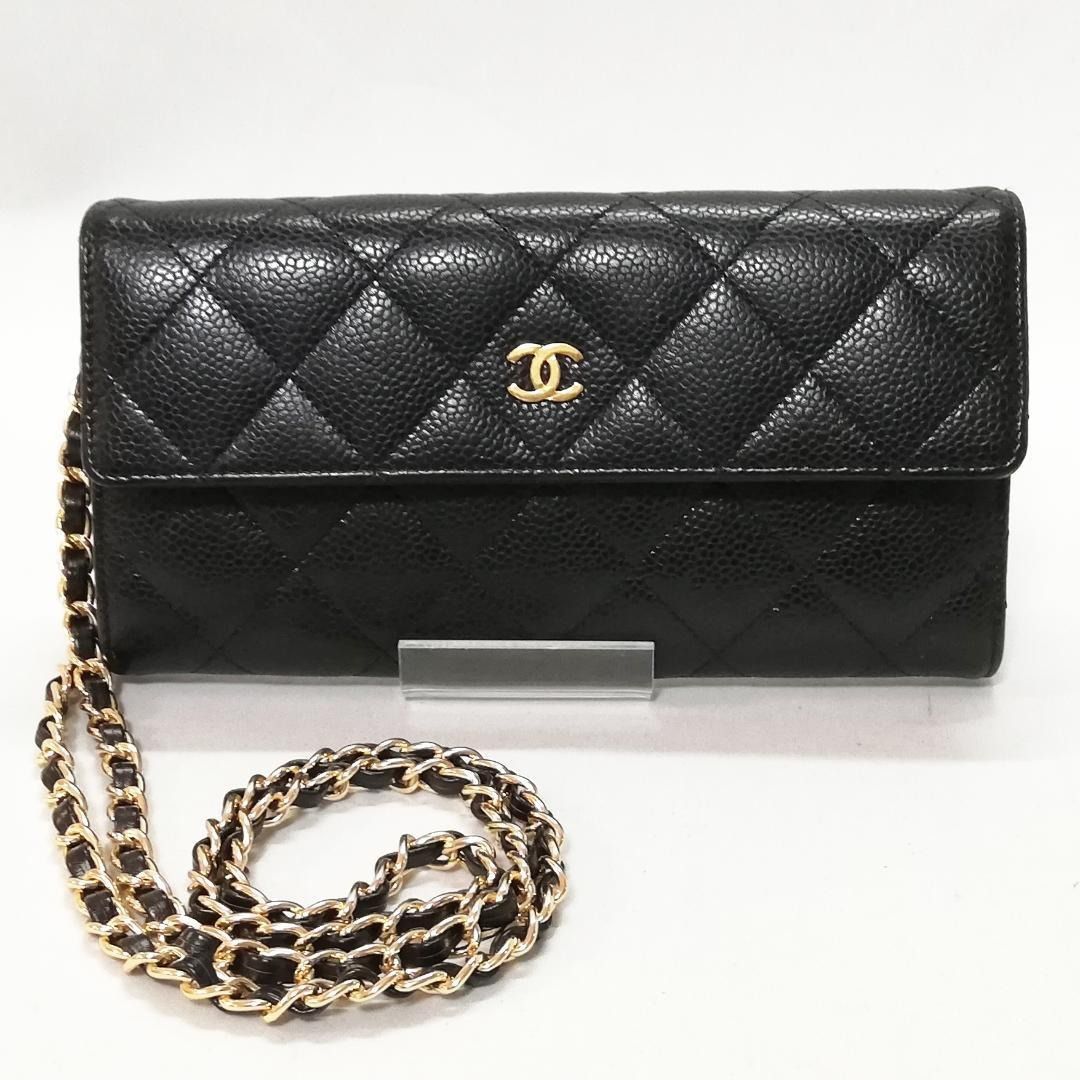 Chanel Classic Wallet in Black Caviar Leather with Gold Hardware + Non-Chanel Chain & Insert