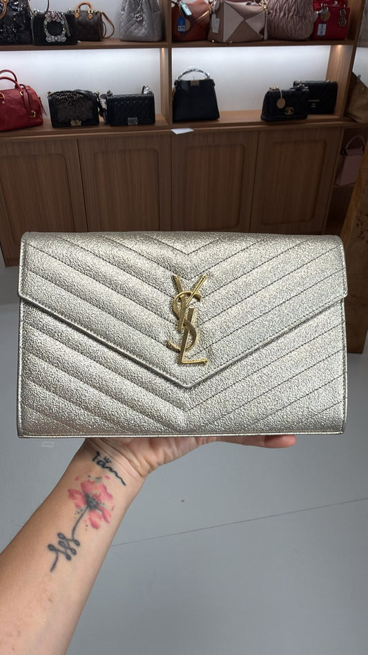 YSL Metallic Gold Cassandre Monogram Chain Wallet (LY1624)