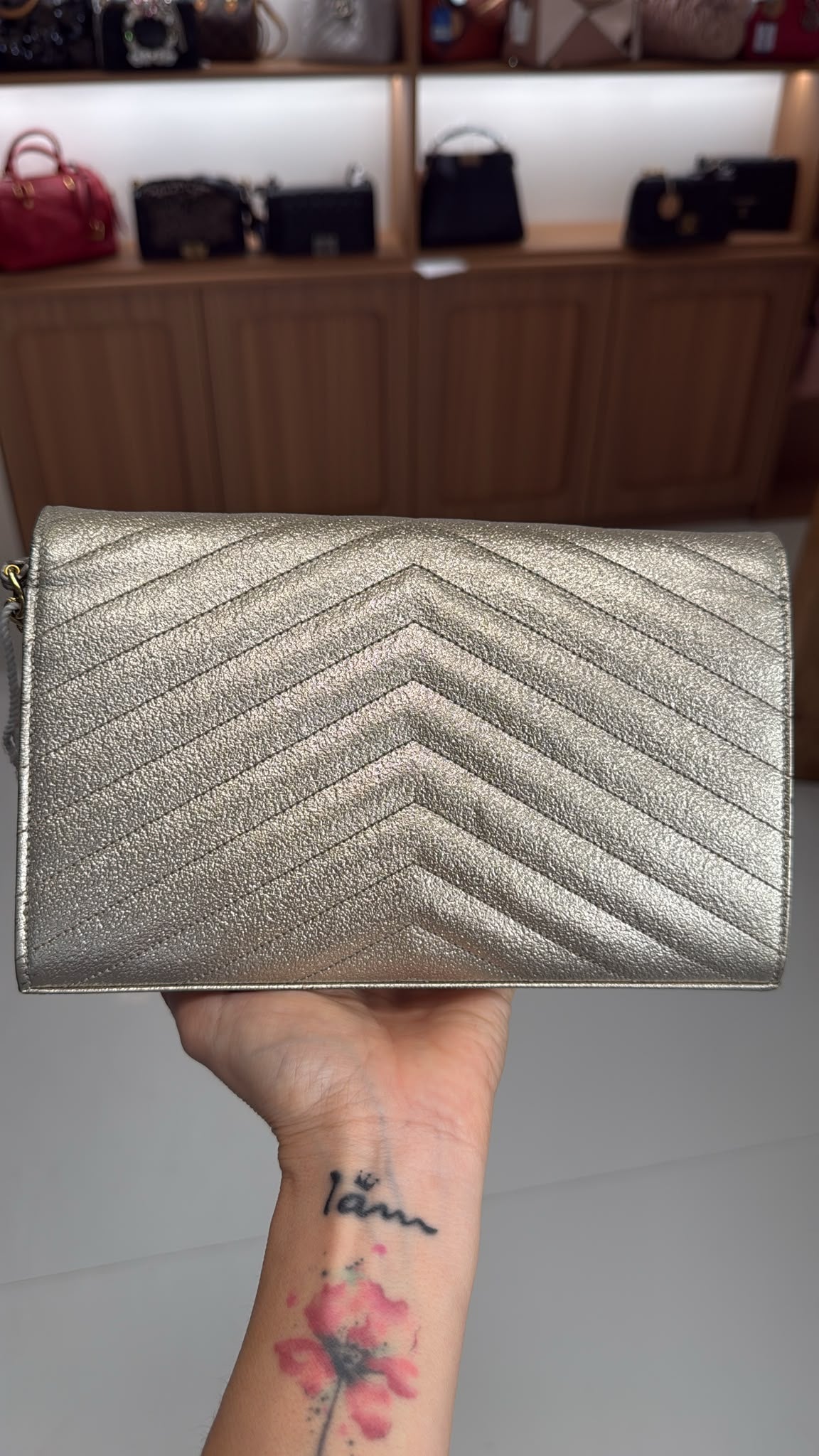YSL Metallic Gold Cassandre Monogram Chain Wallet (LY1624)