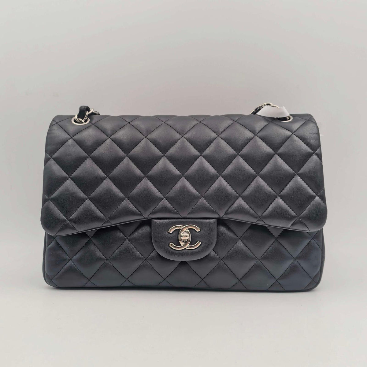 Chanel Jumbo Classic Double Flap Bag, Black Lambskin with Silver Hardware (JS09823)