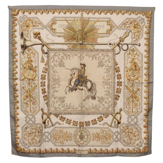 HERMES Carre 90 Scarf ""LVDOVICVS MAGNVS"" Silk Gray Auth BA13194