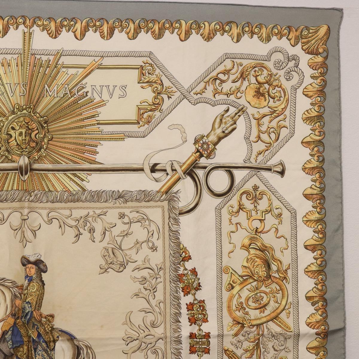 HERMES Carre 90 Scarf ""LVDOVICVS MAGNVS"" Silk Gray Auth BA13194