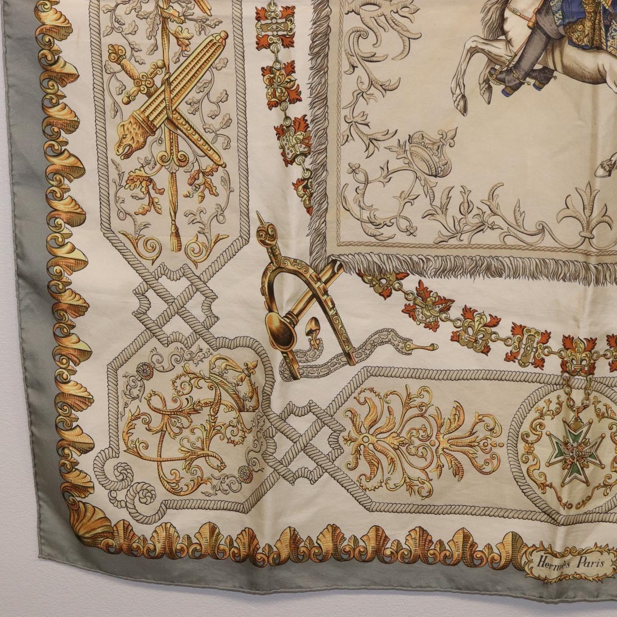 HERMES Carre 90 Scarf ""LVDOVICVS MAGNVS"" Silk Gray Auth BA13194