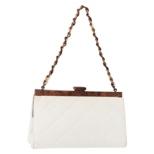 CHANEL Wood Chain Shoulder Bag Lamb Skin White Gold CC Auth BA7494