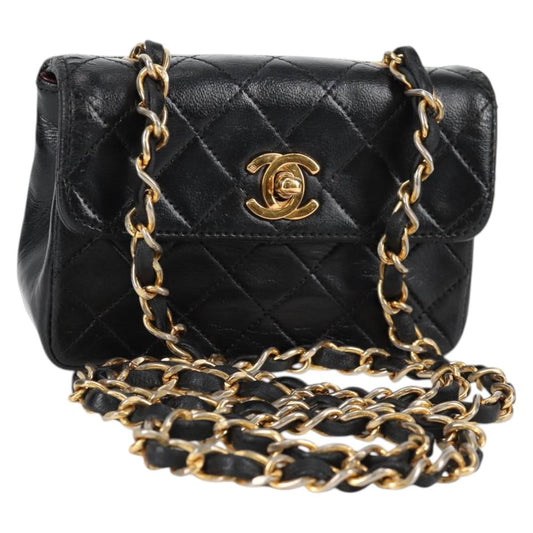 CHANEL Matelasse Chain Shoulder Bag Lamb Skin Black Gold CC Auth bs29080