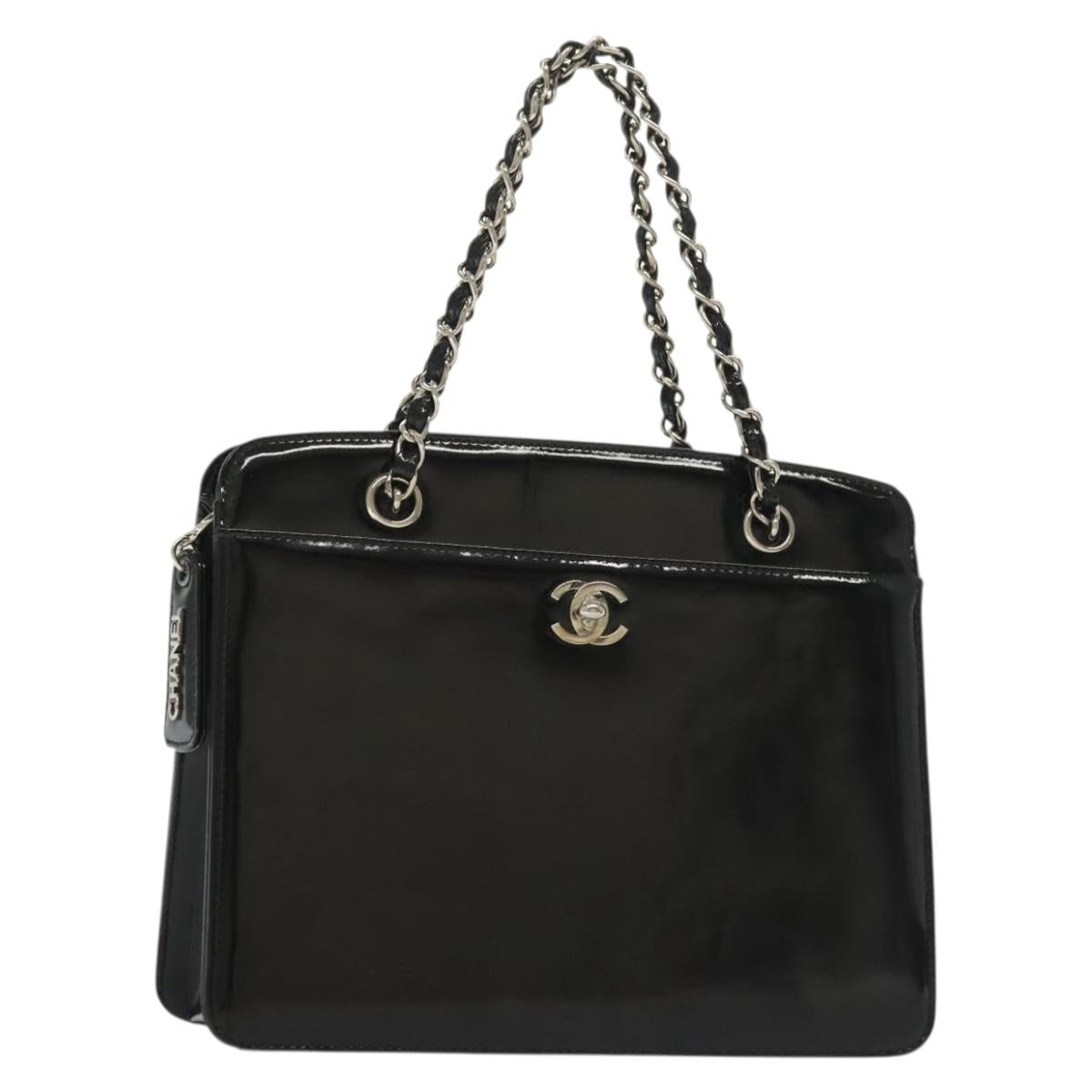 Pre-Owned CHANEL Chain Hand Bag Enamel Black Silver CC Auth bs29249