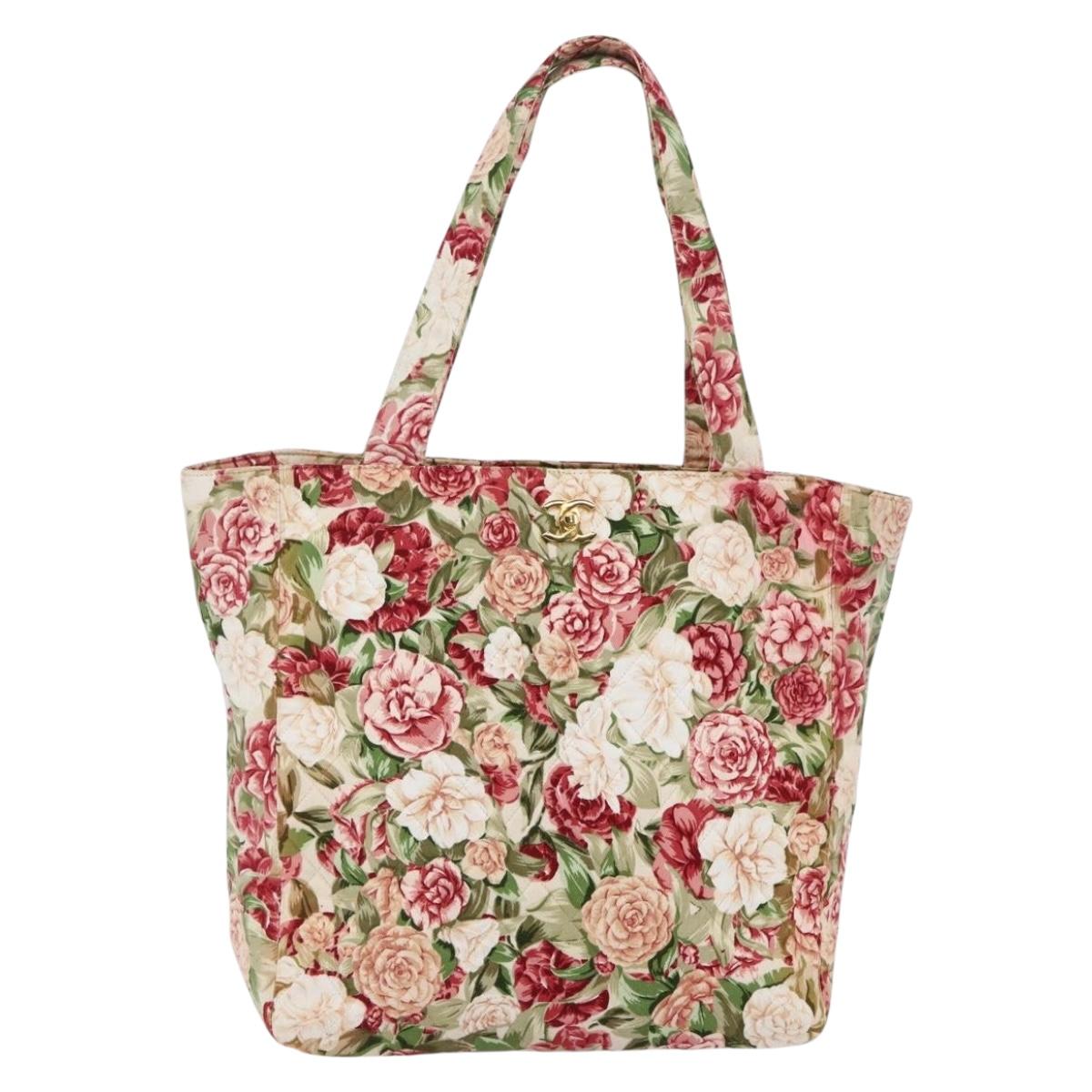 CHANEL Flower Pattern Tote Bag Canvas Cream Red gold CC Auth bs29833