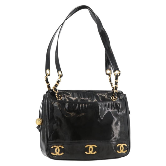 CHANEL Chain Shoulder Bag Patent Leather Black Gold CC Auth bs35342