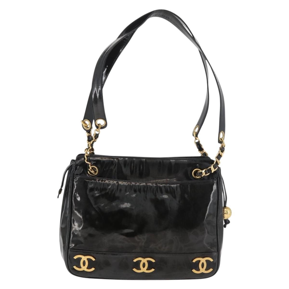 CHANEL Chain Shoulder Bag Patent Leather Black Gold CC Auth bs35342