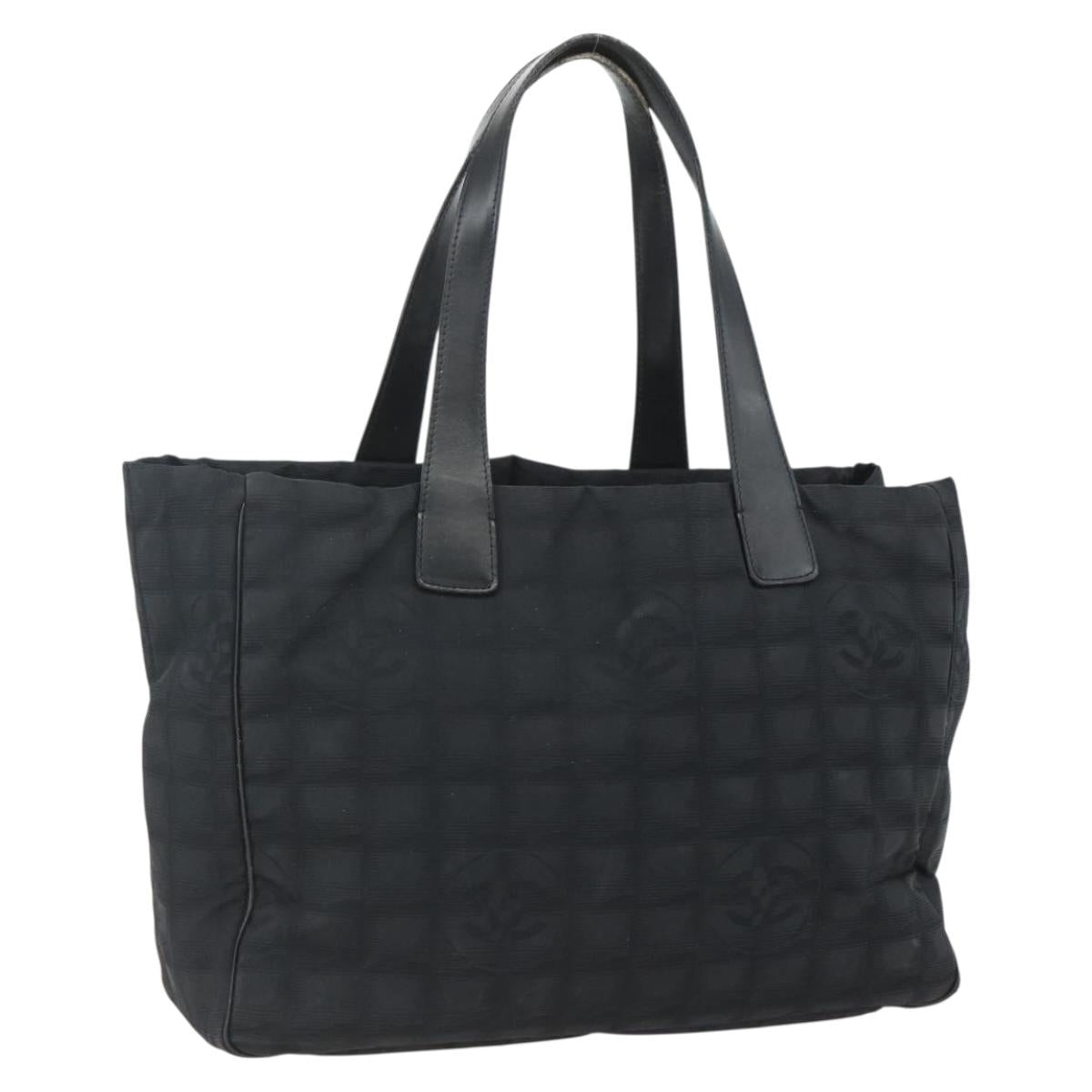 ka411 CHANEL New Travel Line Tote Bag Nylon Black gold CC Auth