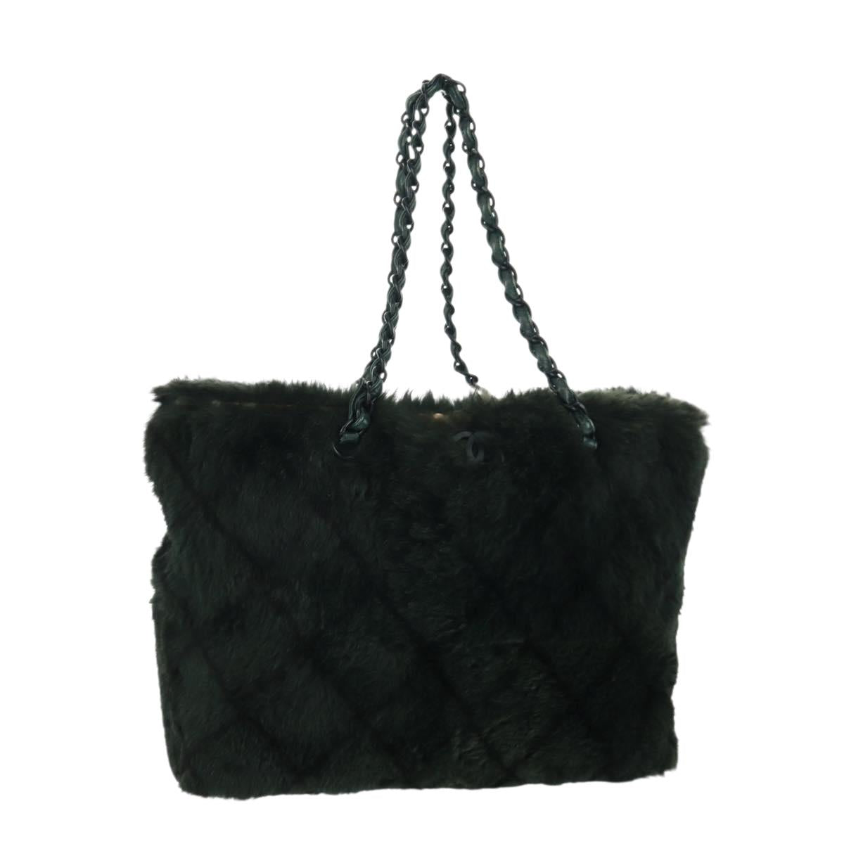 CHANEL Chain Tote Bag Leather Fur Green CC Auth ka1228