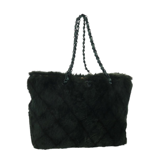 CHANEL Chain Tote Bag Leather Fur Green CC Auth ka1228