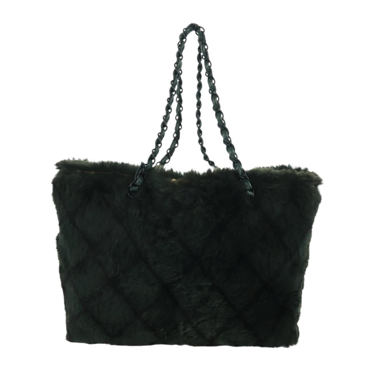 CHANEL Chain Tote Bag Leather Fur Green CC Auth ka1228