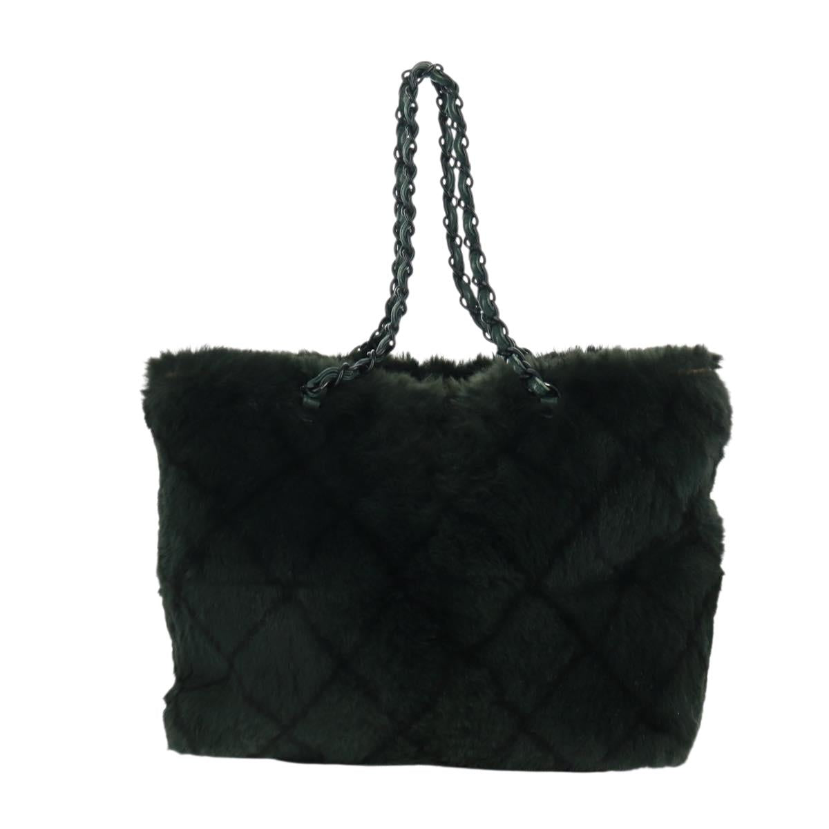 CHANEL Chain Tote Bag Leather Fur Green CC Auth ka1228