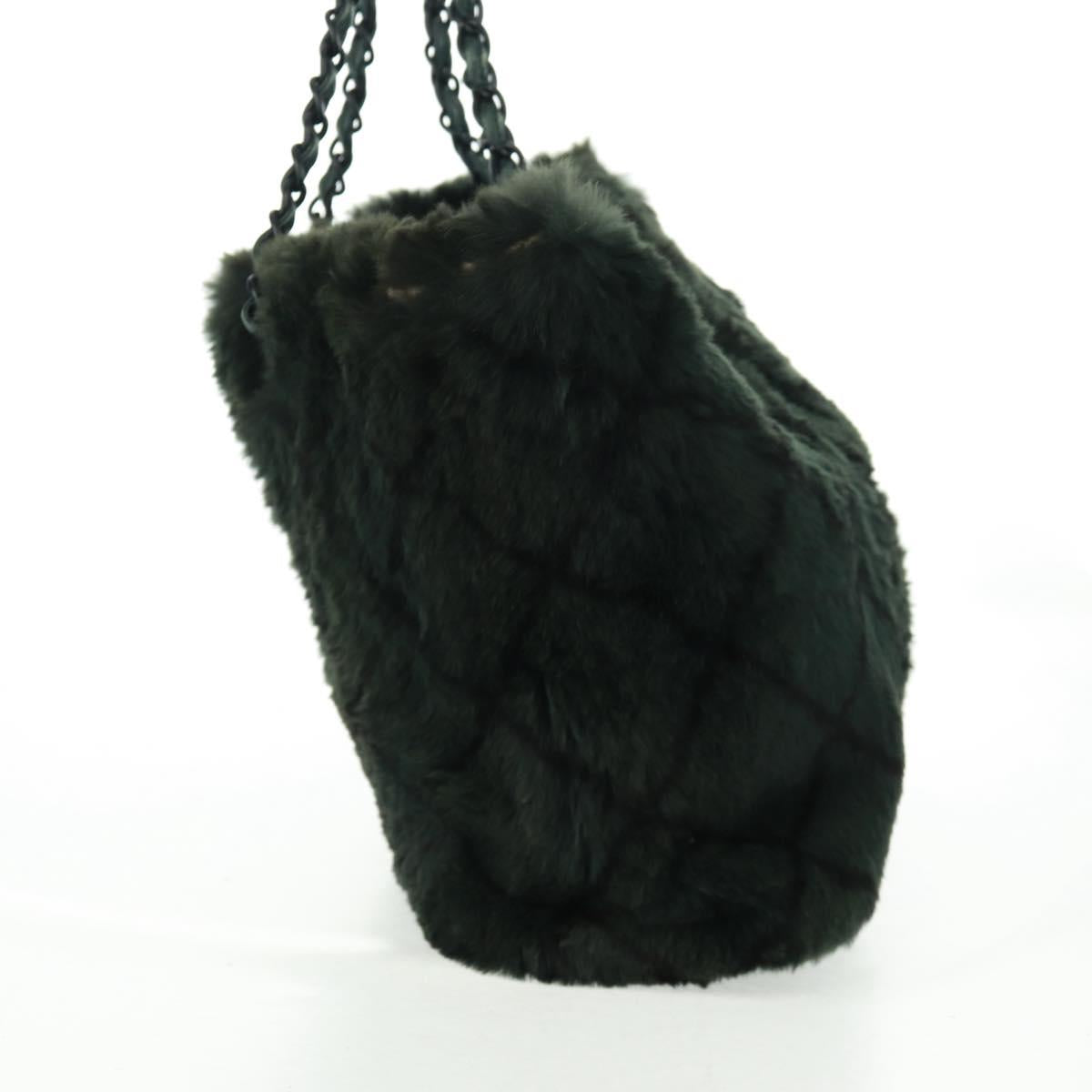 CHANEL Chain Tote Bag Leather Fur Green CC Auth ka1228