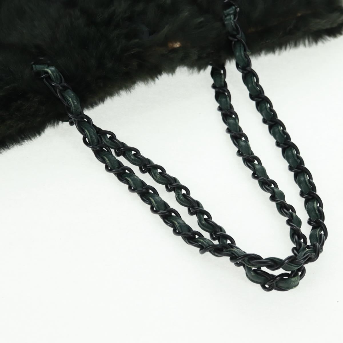 CHANEL Chain Tote Bag Leather Fur Green CC Auth ka1228
