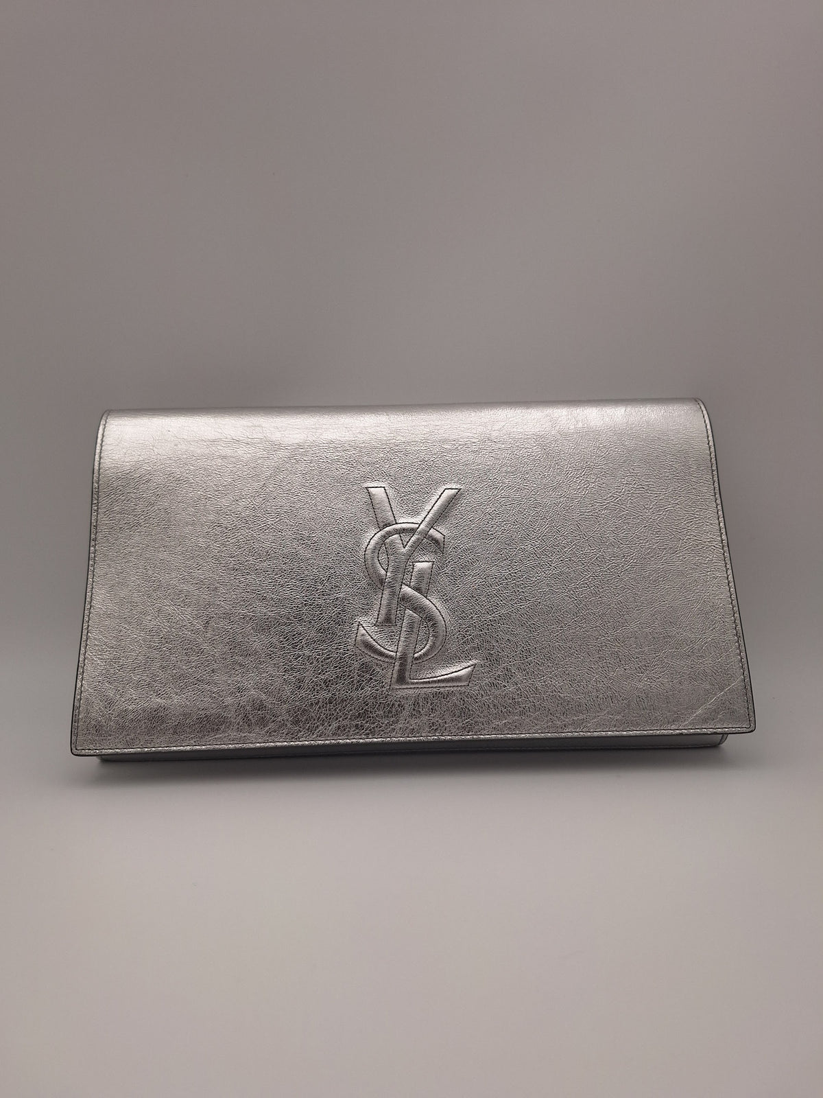 Saint Laurent Belle de Jour Metallic Leather Clutch Silver
