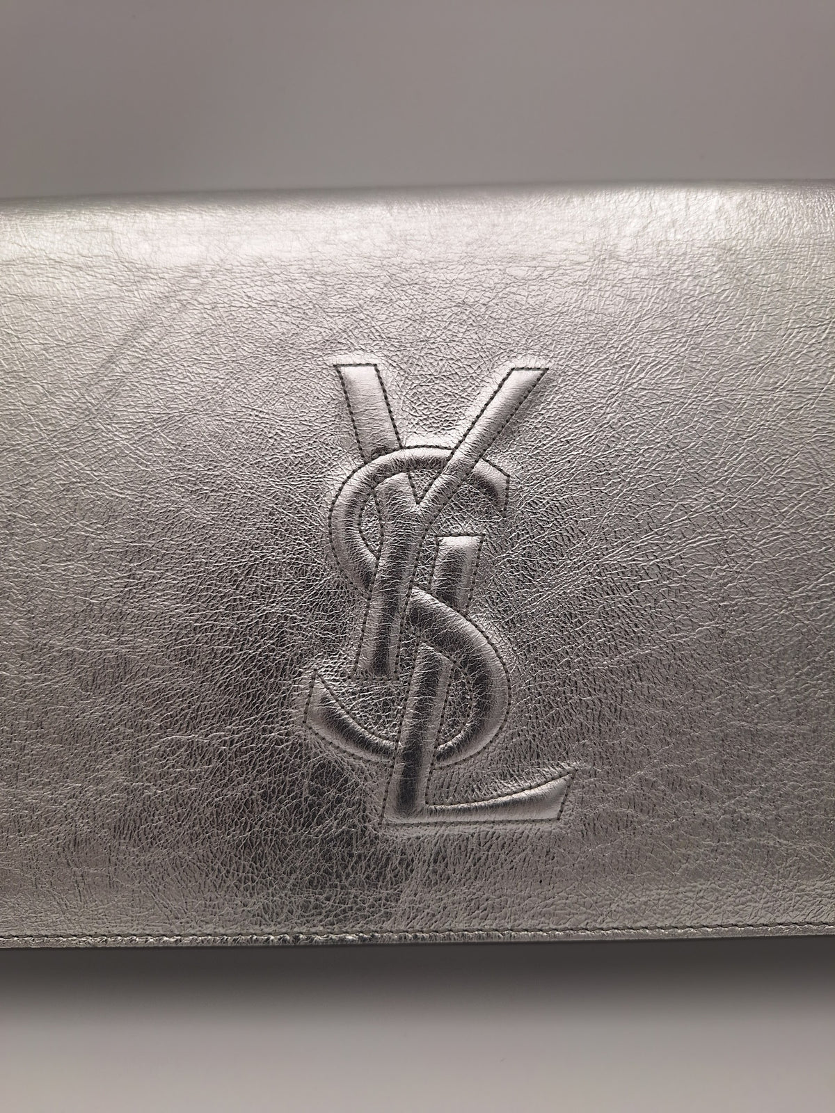 Saint Laurent Belle de Jour Metallic Leather Clutch Silver